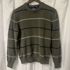 Lands End Drifter Sweater Men's M Green Striped 100% Cotton Cottage core Dad
